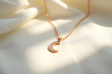 Elegant rose gold crescent moon necklace with crystal accents on soft white fabric background, capturing a blend of modern jewelry design and timeless sophistication
