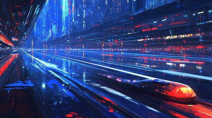 Futuristic cityscape street scene with a sleek vehicle.