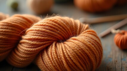 Close-up of cozy orange wool yarn skeins on a rustic wooden table for knitting and crochet projects