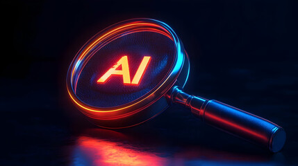 Illuminated Ai Concept Magnifying Glass with Neon Accents Against a Dark Background Represents Technological Advancement and Cyber Innovation
