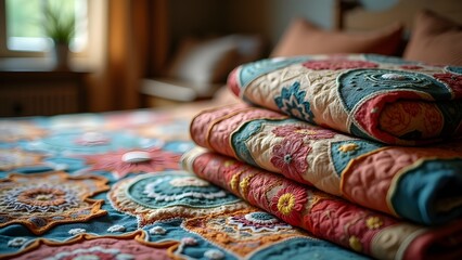 Fototapeta premium Handcrafted Quilts Stacked Neatly on Bed with Floral Patterns, Vibrant Colors and Folk Art Design