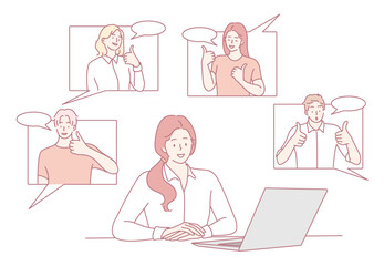An illustration depicting a person actively participating in virtual meetings with a diverse group of participants