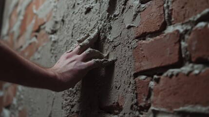 Mason applying plaster to a brick wall for finishing. Featuring smoothness and precision