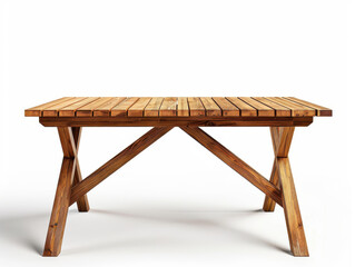 wooden table with rustic design featuring slatted top and sturdy crossed legs, perfect for outdoor dining or as stylish addition to any interior space