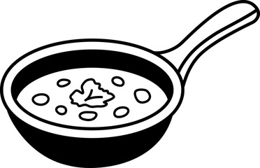 black and white icon of a pan with soup inside