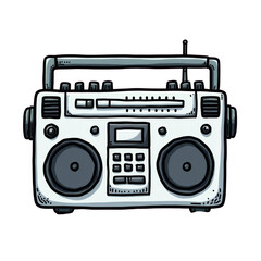 Cartoon Boombox, White, Gray, Black, Transparent Background. Retro Audio.