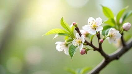 Delicate cherry blossoms blooming in spring sunlight, beautiful soft focus flora background, springtime bloom