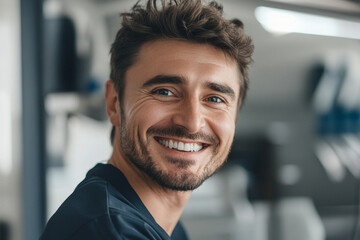 Happy man smiling broadly showing white teeth in a gym setting