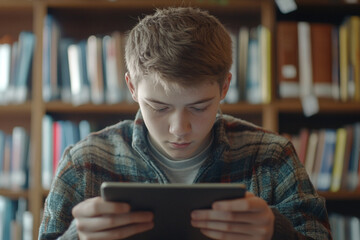 Teenager using tablet in library surrounded by bookshelves