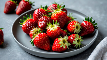 Fresh juicy strawberries on a stylish grey plate