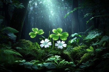 Three clovers and white flowers in a sunlit forest, creating a serene atmosphere.