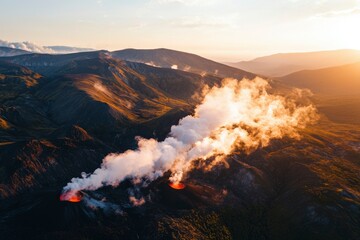 Erupting Volcanoes Amidst Mountains, Sending Smoke Into Evening Sky, Nature's Display