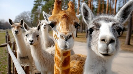 Obraz premium Group of Adorable Animals Including Giraffe and Llamas in Natural Outdoor Setting with Tree Background