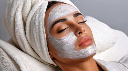 A woman with a white towel on her head and closed eyes is receiving a facial treatment in a beauty salon