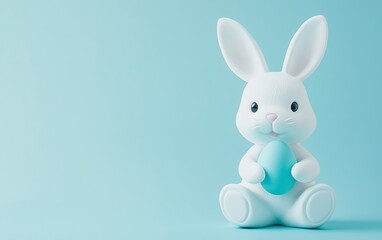 Fototapeta premium A photograph of a white Easter bunny sitting and holding a blue-colored egg on a pastel light blue background. This image represents the Easter concept, captured in a studio setting with high detail.