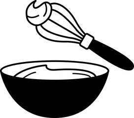 black and white icon of bowl with a whisk