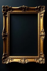 Antique gold square frame, baroque detailing, black backdrop, classic, background