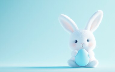 Obraz premium A photograph of a white Easter bunny sitting and holding a blue-colored egg on a pastel light blue background. This image represents the Easter concept, captured in a studio setting with high detail.