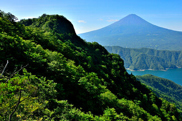 御坂山地の十二ヶ岳より　夏富士と十二ヶ岳と西湖を望む
