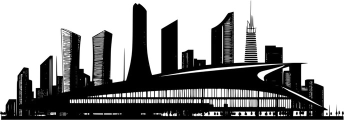 Obraz premium Silhouette of Modern style Civic center design, Modern style Civic center vector image