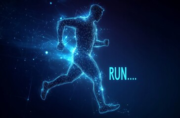 Abstract silhouette of a running man, "RUN..." written on a blue background