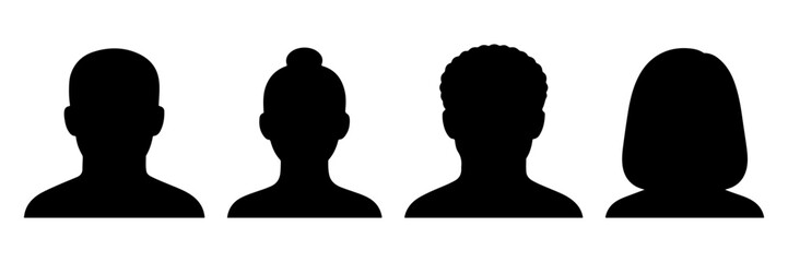 Set of four diverse human head silhouettes in a row, useful for profile placeholders or avatar design concepts. Set of four black silhouette avatars. Vector illustration