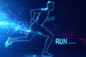 Abstract silhouette of a running man, "RUN..." written on a blue background