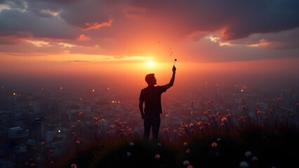 Fototapeta premium Silhouette of a man holding a dandelion atop a hill at sunset overlooking city below