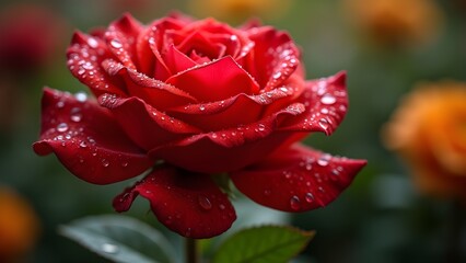Close-up of a Red Rose with Water Droplets on Petals; Beauty in Nature
