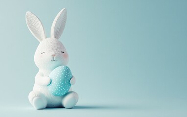 Obraz premium A photograph of a white Easter bunny sitting and holding a blue-colored egg on a pastel light blue background. This image represents the Easter concept, captured in a studio setting with high detail.