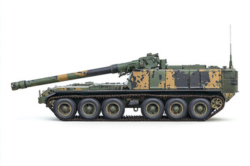 Camouflaged military vehicle side profile long barrel gun six wheels tracked vehicle