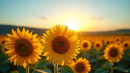 Fototapeta premium Sunflowers field during sunset. Rural landscape with blooming sunflowers in summer