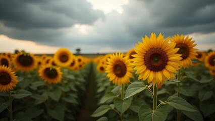 Fototapeta premium Scenic Sunflower Field under Stormy Sky: Agricultural landscape with rows of yellow sunflowers in full bloom.