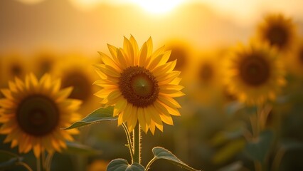 Obraz premium Golden sunflowers at sunset. Summer landscape of a sunflower field bathed in warm sunlight.