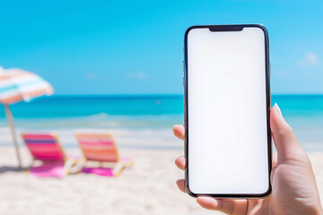 Holding a mobile phone with a blank white screen against a beach background, highlighting the clean and simple design