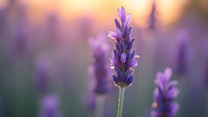 Obraz premium Close-Up of Lavender Flower with Dew Drops in Field at Sunset