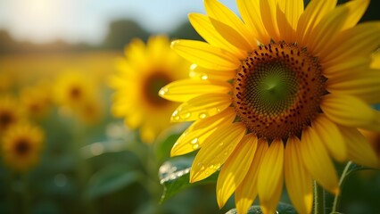 Fototapeta premium Golden Sunflowers in a Sunny Field: Close-up of Blooms with Water Droplets, a Vibrant Summer Landscape
