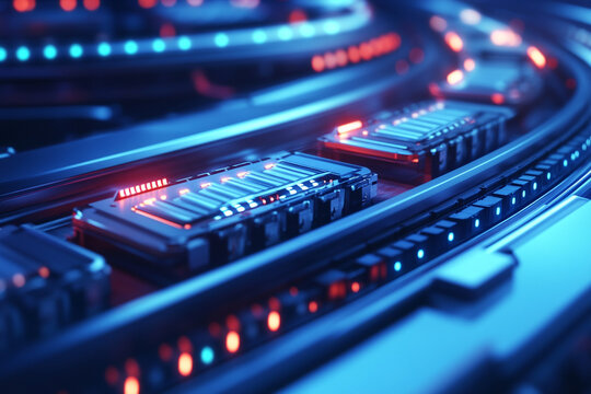 Futuristic technology glowing blue and red data center server racks