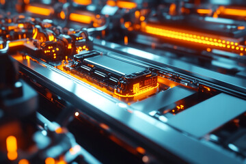 Futuristic tech device assembly line glowing orange and blue