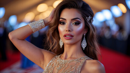 Fototapeta premium Glamorous model shines on red carpet in sparkly dress