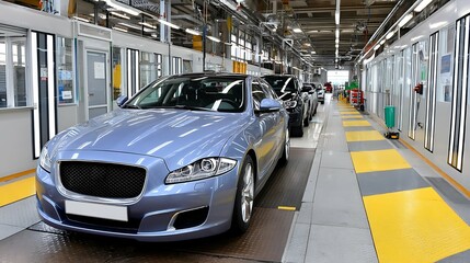 Obraz premium Luxury Car Manufacturing Plant Assembly Line Modern Blue Sedan Production