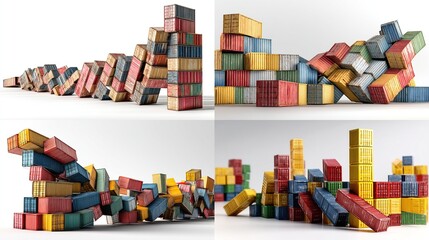 Colorful shipping containers falling and stacking in various formations.