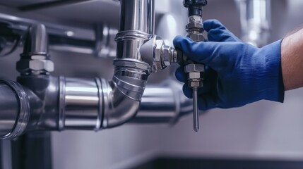 Plumber cleaning drain pipes in a commercial kitchen. Featuring plumbing maintenance and cleaning