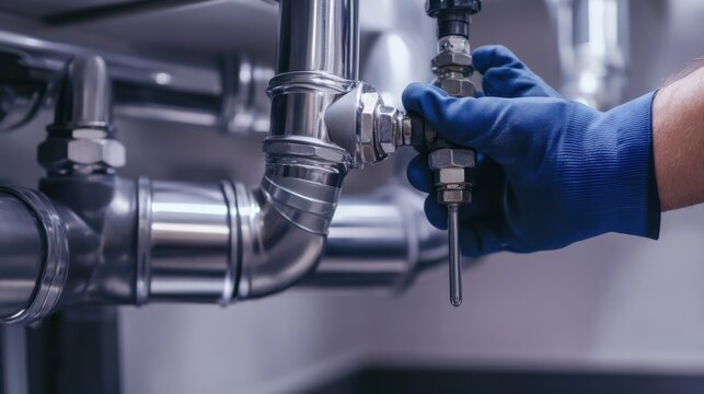 Plumber cleaning drain pipes in a commercial kitchen. Featuring plumbing maintenance and cleaning