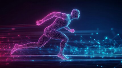 Human running man athlete with digital wireframe neon light background