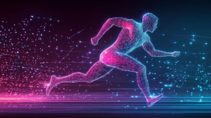 Obraz premium Human running man athlete with digital wireframe neon light background