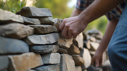 Mason placing stones in a decorative garden wall. Featuring stone masonry