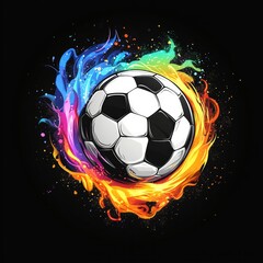 Fototapeta premium Black and white soccer ball with colorful fires around it, black background