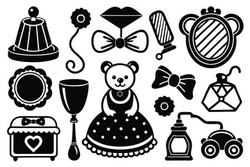 Coquette Girly Elements Set – Pink & Red Hand Drawn Vintage Accessories

