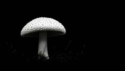 Mushroom with spots in low grass in black and white against a black background